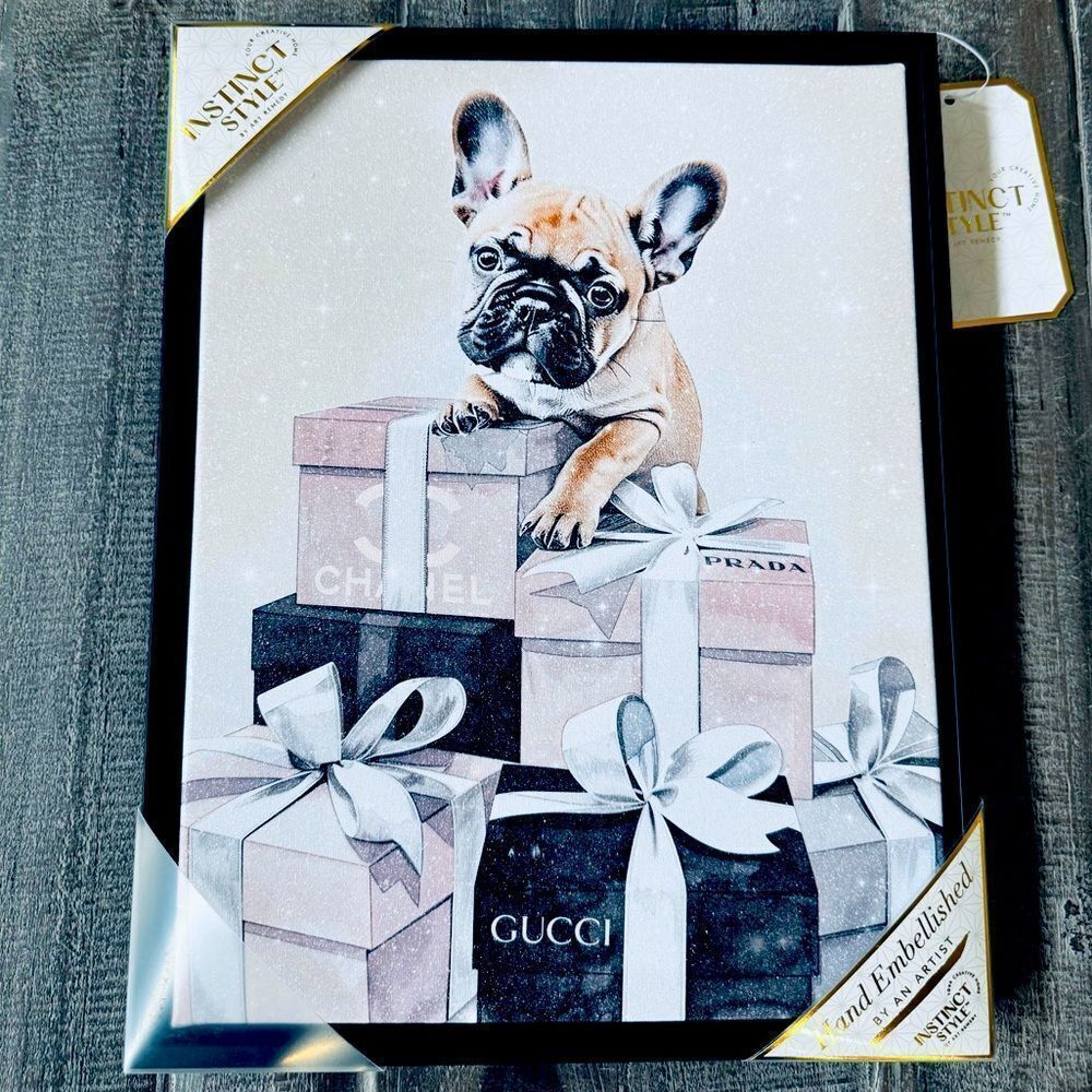 Luxury Designer Frenchie Dog Glitter Canvas Framed Wall Art Gucci Prada Chanel